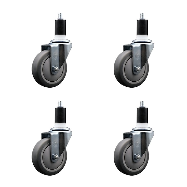 4'' SS Thermoplastic Rubber Wheel Swivel 1-1/2'' Expanding Stem Caster Set, 4PK